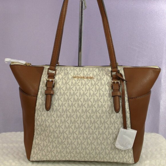 Michael Kors Charlotte Large Top Zip Tote – Vanilla/Acorn Brown Leather Trim NWT - Picture 1 of 11